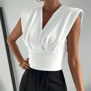 🌼 SHEIN White Draped V‎ Neck Blouse Structured Waist Chic Top Size L NWOT